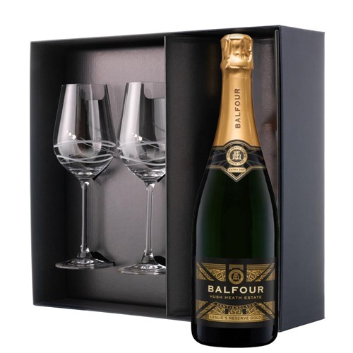 This luxurious gift set is the perfect choice for those who appreciate fine sparkling wine and refined glassware. Featuring a bottle of Balfour Leslies Reserve Gold English Sparkling 75cl paired with two exquisite Venezia Glasses adorned with Swarovski Crystals, this set is beautifully presente